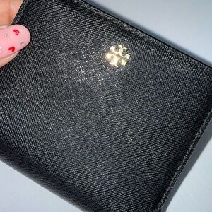 Tory Burch Black Textured Wallet with Gold Emblem